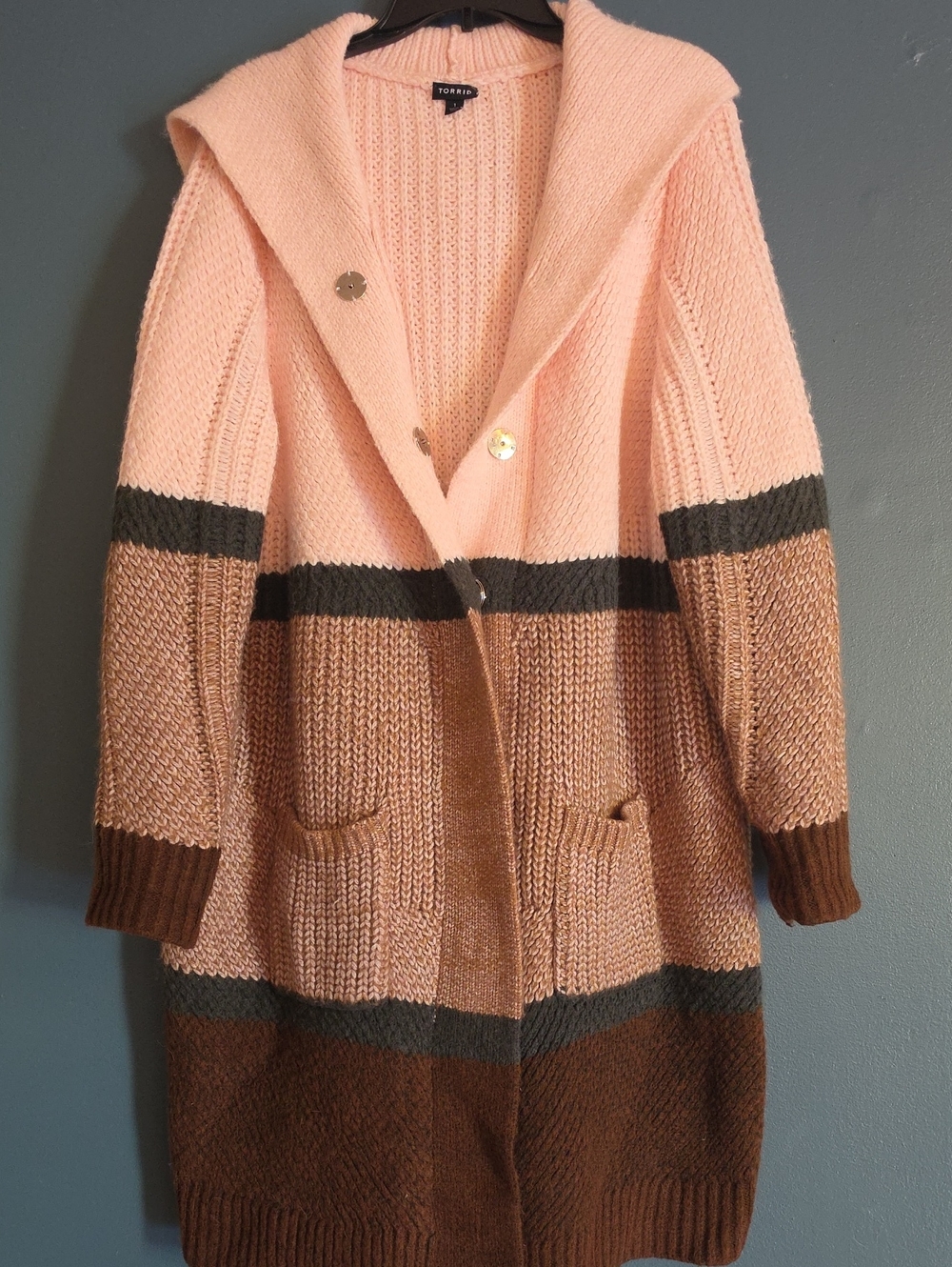 torrid Pink, Beige & Brown Hooded Colorblock Long Cardigan
